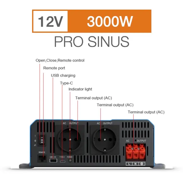 Sonopower strøminverter 3000W 12V->230V, ren sinus 