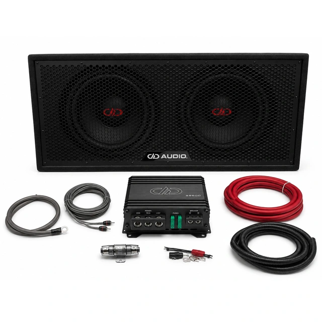DD Audio basspakke 2x12" - 600W 2x12" basskasse, forsterker, kabelsett 