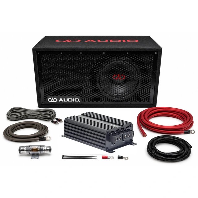DD Audio basspakke 10" - 500W 10" basskasse, forsterker, kabelsett 