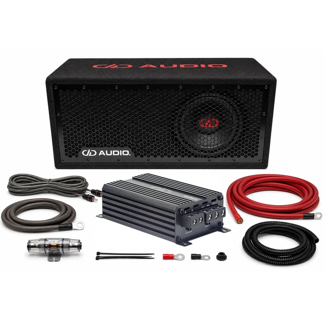 DD Audio basspakke 8" - 500W 8" basskasse, forsterker, kabelsett 