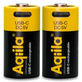 Aqiila Oppladbare CR123A Lithiumbatteri USB-C, 3V, 750mAh, 2 pk