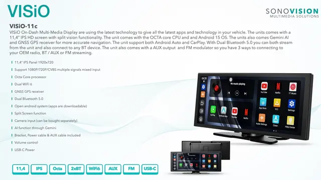 VISiO-11c 11,4" Android skjerm (åpen) Trådløs Apple Carplay/Android Auto 