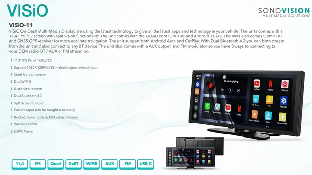 VISiO-11 11,4" Android skjerm (lukket) Trådløs Apple Carplay/Android Auto 