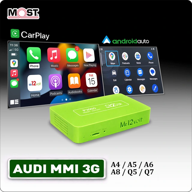 Mr12volt Trådløs CarPlay/Android Auto Audi med MMI 3G/3G+, DSP, OEM Mikrofon 