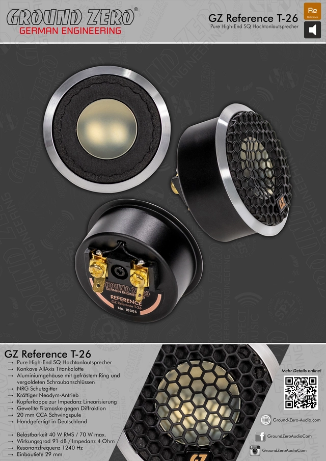 Ground Zero GZ Reference T-26 Diskanter 40W RMS, Reference-serien, High-End 