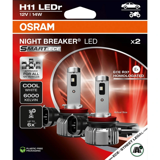 Osram Night Breaker LED Smart ECE H11 LED, H11, ECE Godkjent LED pære, 2stk 