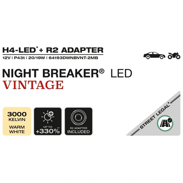 Osram Night Breaker LED Vintage H4 LED, H4, Godkjent LED pære, 2stk 