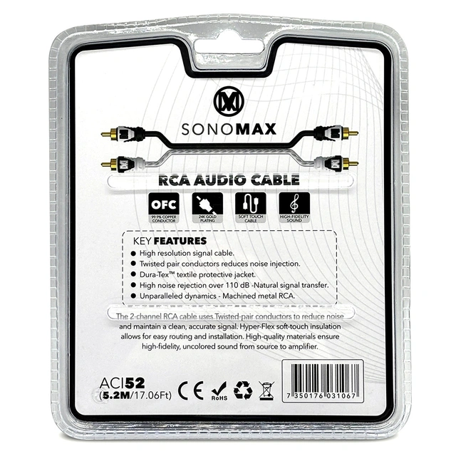 Sonomax OFC RCA Signalkabel 5,2 Meter, dobbelskjermet, OFC 