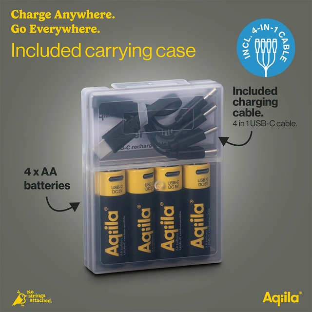 Aqilla Oppladbare AA Lithiumbatterier USB-C, 1,5V, 2000mAh, 4 pk 