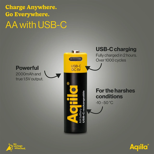 Aqilla Oppladbare AA Lithiumbatterier USB-C, 1,5V, 2000mAh, 4 pk 