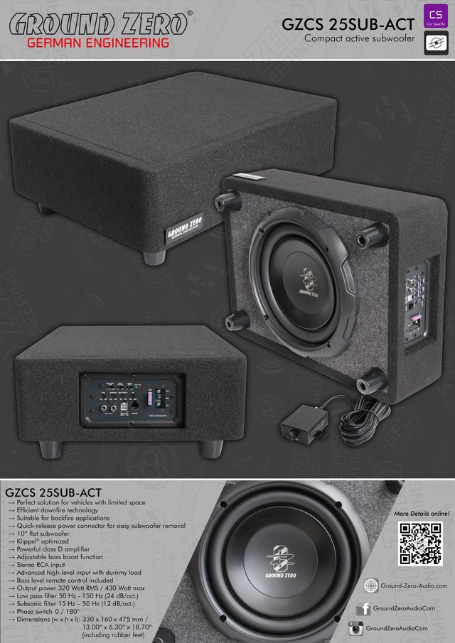 Ground Zero GZCS 25SUB-ACT aktiv sub 10" subwoofer, 320W RMS 