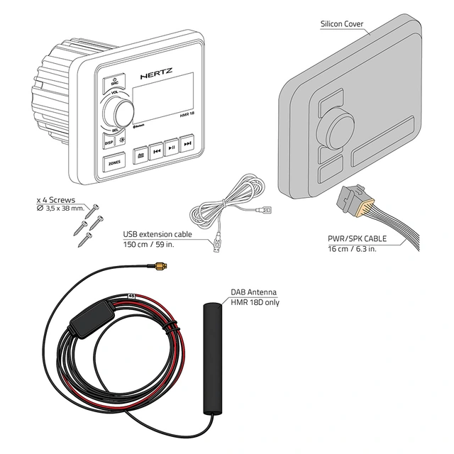 Hertz HMR18D DAB+ marineradio Vanntett, DAB+, BT, USB, AUX 