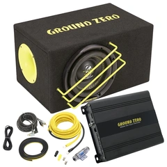 Ground Zero basspakke 8" sub i kasse, forsterker, kabelsett