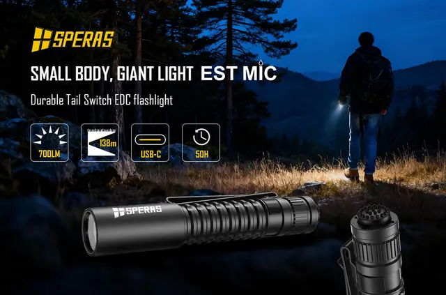 SPERAS ESTMIC Lommelykt 700 Lumen, 138 meter kastelengde 