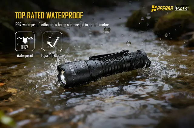 SPERAS PZ14 Lommelykt med zoom 1000 Lumen, 440 meter kastelengde 
