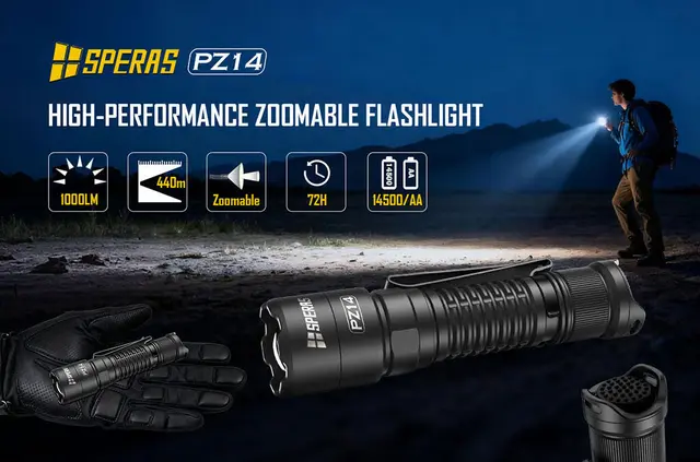 SPERAS PZ14 Lommelykt med zoom 1000 Lumen, 440 meter kastelengde 