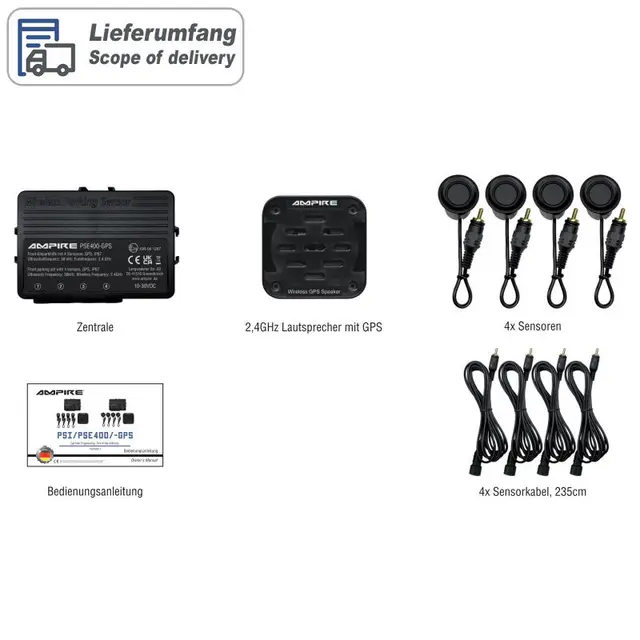 Ampire parkeringshjelp 4 sensorer, lydvarsling og GPS 