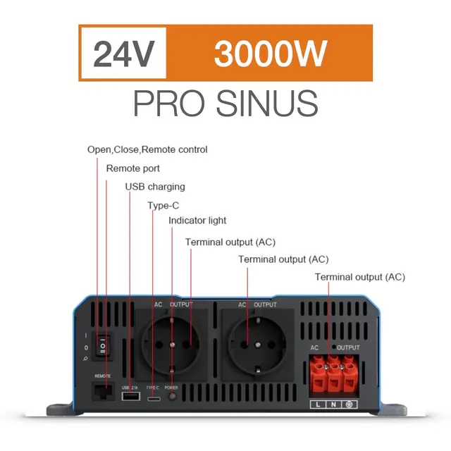 Sonopower strøminverter 3000W 24V->230V, ren sinus 