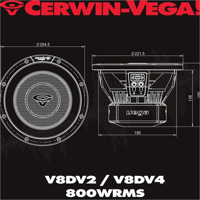 Cerwin Vega V8DV2 8" subwoofer 2x2 Ohm, 800W RMS, VEGA 2025 Edition 