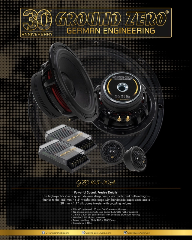 Ground Zero GZC 165-30A komponentsett 6,5", 140W RMS, 4 Ohm, Jubileumsmodell 