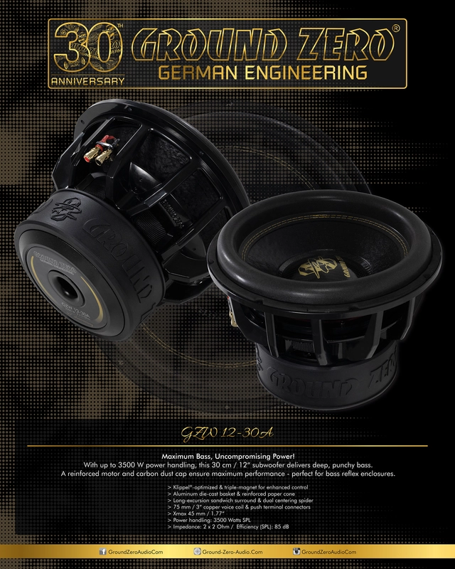 Ground Zero GZW 12-30A 12" subwoofer 3500W SPL, 2x2 Ohm, Jubileumsmodell 
