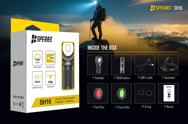 SPERAS SH16 hodelykt 1650lm, 355 meter kastelengde 
