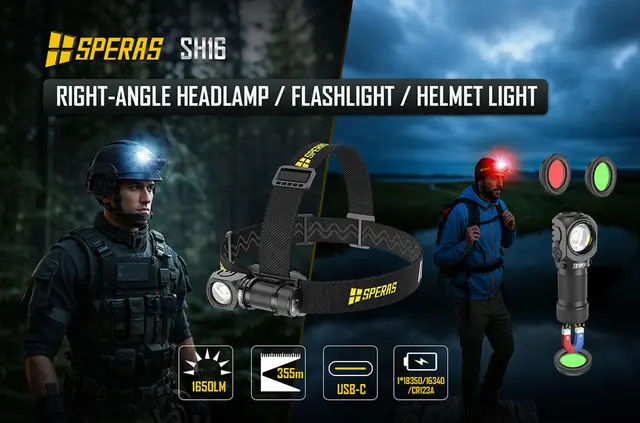 SPERAS SH16 hodelykt 1650lm, 355 meter kastelengde 