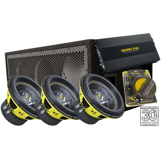 Ground Zero basspakke 3x10" sub i kasse, forsterker, kabelsett 