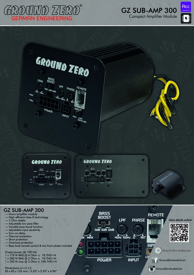 Ground Zero GZ SUB-AMP 300 monoforst. Terminalforsterker, 280W RMS i 2 Ohm 