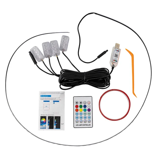 LED RGB Interiørlyssett USB tilkobling, 4 lysenheter & lysstripe 