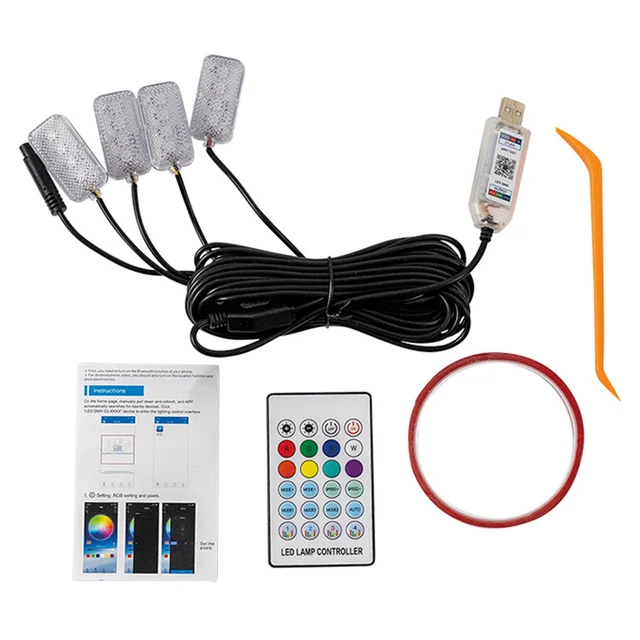 LED RGB Interiørlyssett USB tilkobling, 4 lysenheter 