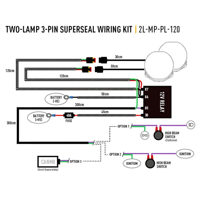 Lazer relèsett/kabelsett, 2 kontakter Superseal (3-pins) , Mid Power m/pos.lys 