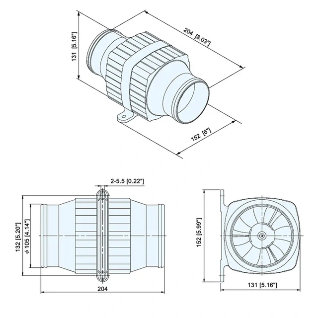 TMC Inline vifte 4", 105mm, 12V, 10A, 6500l/min 