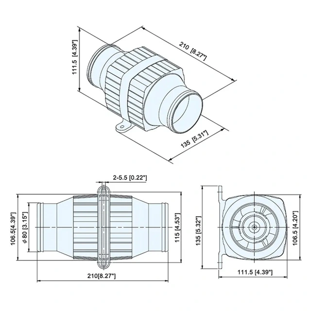 TMC Inline vifte 3", 80mm dimensjon, 12V, 4,5A, 3300l/min 