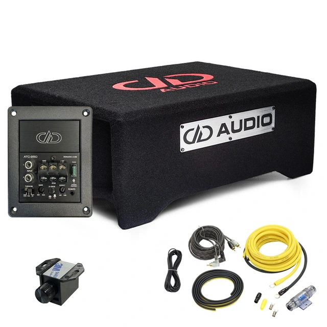 DD Audio basspakke 8" sub i kasse, forsterker, kabelsett 