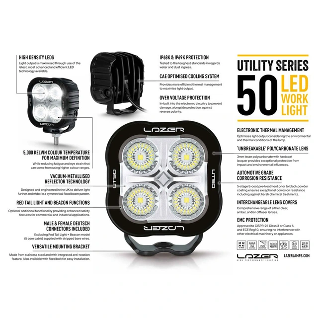 Lazer Utility 50 Red Tail Light 5000 lumen, 50W, med rødt posisjonslys 
