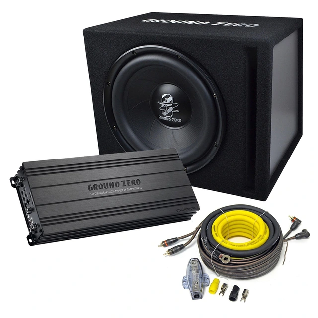 Ground Zero 24V basspakke 12" sub i kasse, forsterker, kabelsett 