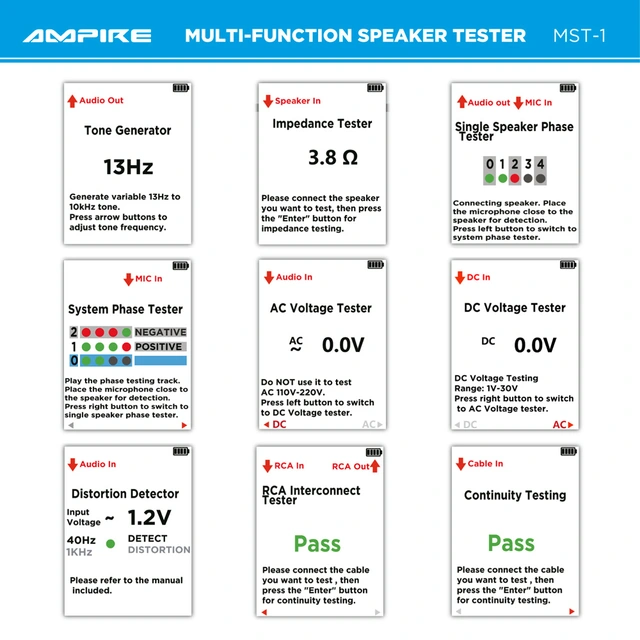 AMPIRE multifunksjonell lydtester Signalgenerator, motstand og fasemåling+ 