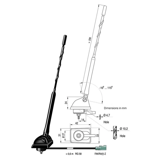ATTB Takantenne DAB/FM m/just. vinkel Uten kabler 