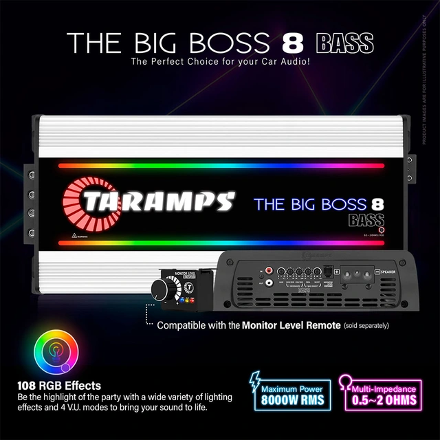 Taramps The Big Boss 8 Bass monoforst. 8000W RMS, 0.5-2 Ohm, RGB, Hvit 