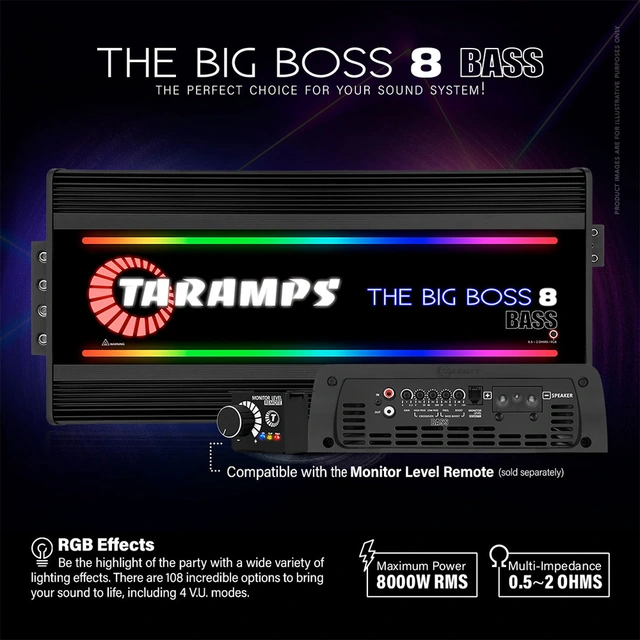 Taramps The Big Boss 8 Bass monoforst. 8000W RMS, 0.5-2 Ohm, RGB, Sort 