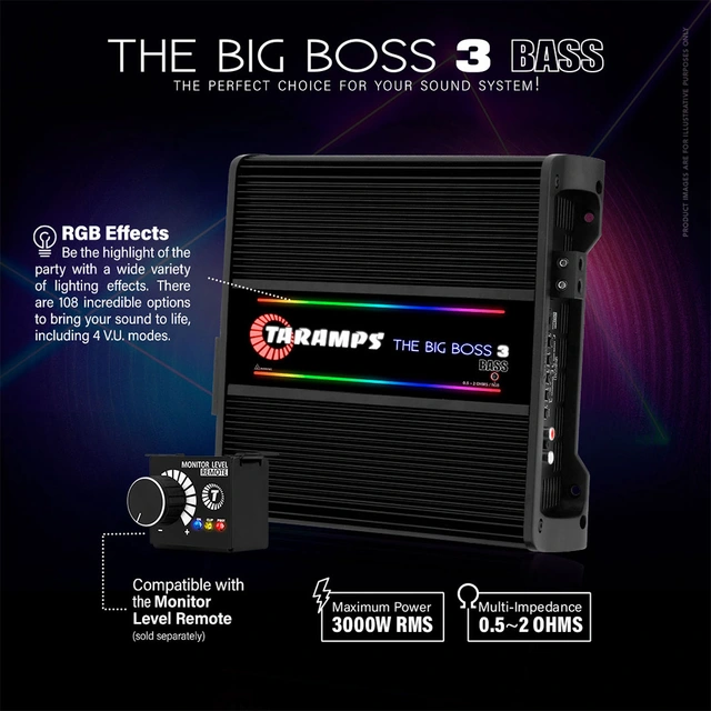 Taramps The Big Boss 3 Bass monoforst. 3000W RMS, 0.5-2 Ohm, RGB, Sort 