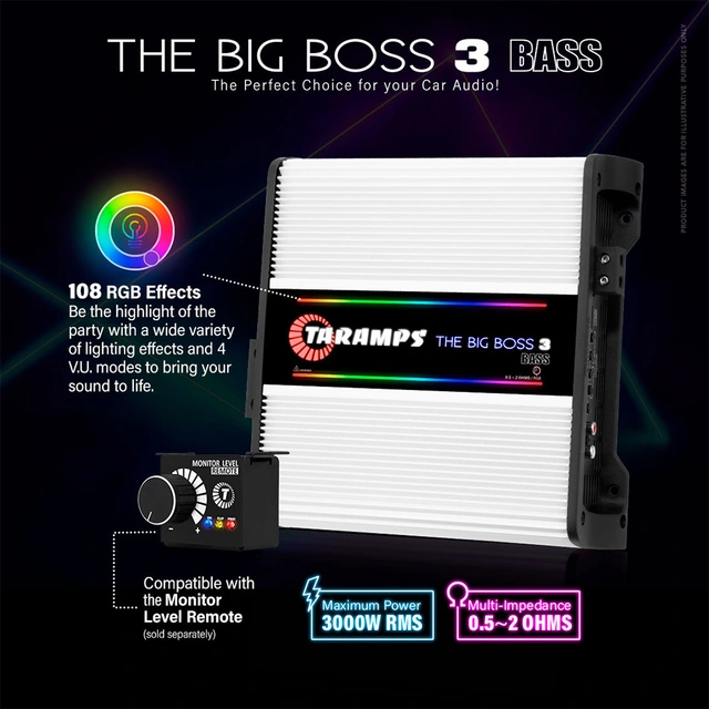 Taramps The Big Boss 3 Bass monoforst. 3000W RMS, 0.5-2 Ohm, RGB, Hvit 