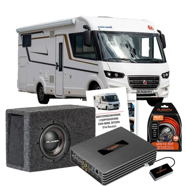 Lydpakke til Eura Mobil Integra 760 EB Caratec CAA804 forsterker originalt+sub 
