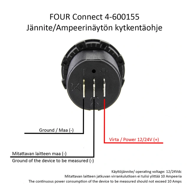 4 CONNECT Voltmeter med Amperemåler Vanntett,12-24V 