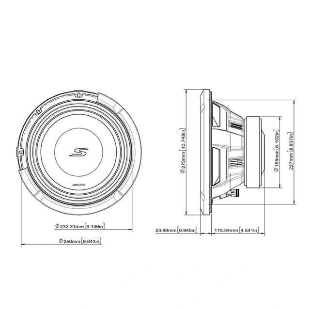 Alpine S2-W10D2 10" subwoofer 2x2 Ohm, 600W RMS, S-serie 