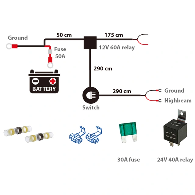 Optibeam relésett 12/24V Løse ledninger, 12/24 volt 