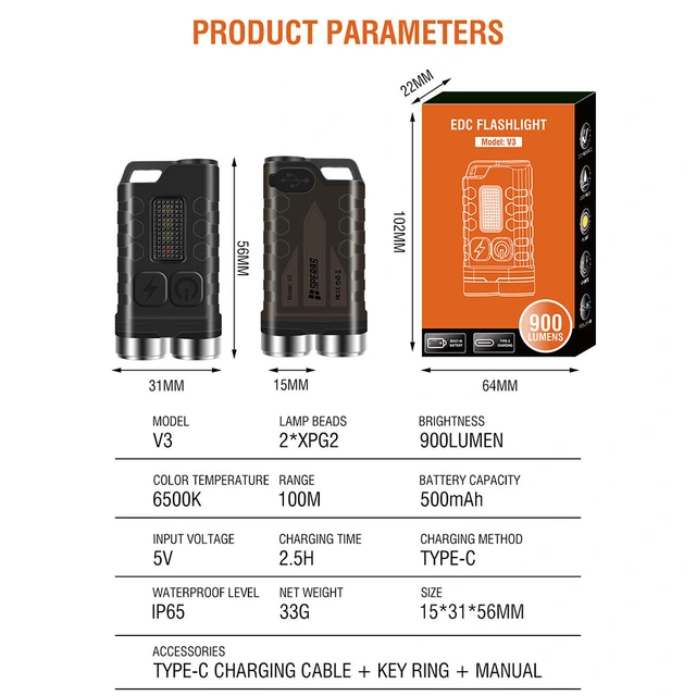 SPERAS V3 Lommelykt/varsellys 900 Lumen, 100 meter kastelengde 