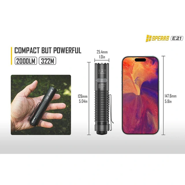 SPERAS E21 Lommelykt titanium 2000 Lumen, 322 meter kastelengde 