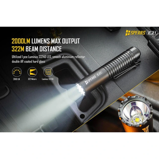 SPERAS E21 Lommelykt titanium 2000 Lumen, 322 meter kastelengde 